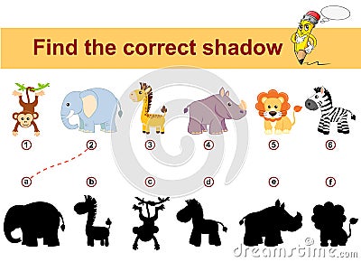 Find correct shadow. Kids educational game. African animals. Lion, elephant, giraffe, monkey, zebra and rhinoceros Vector Illustration